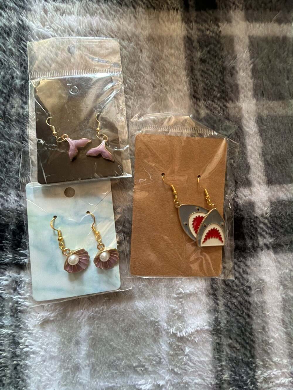 Ocean-Themed Enamel Dangle Earring Set (Shark, Shell, and Whale Tail)